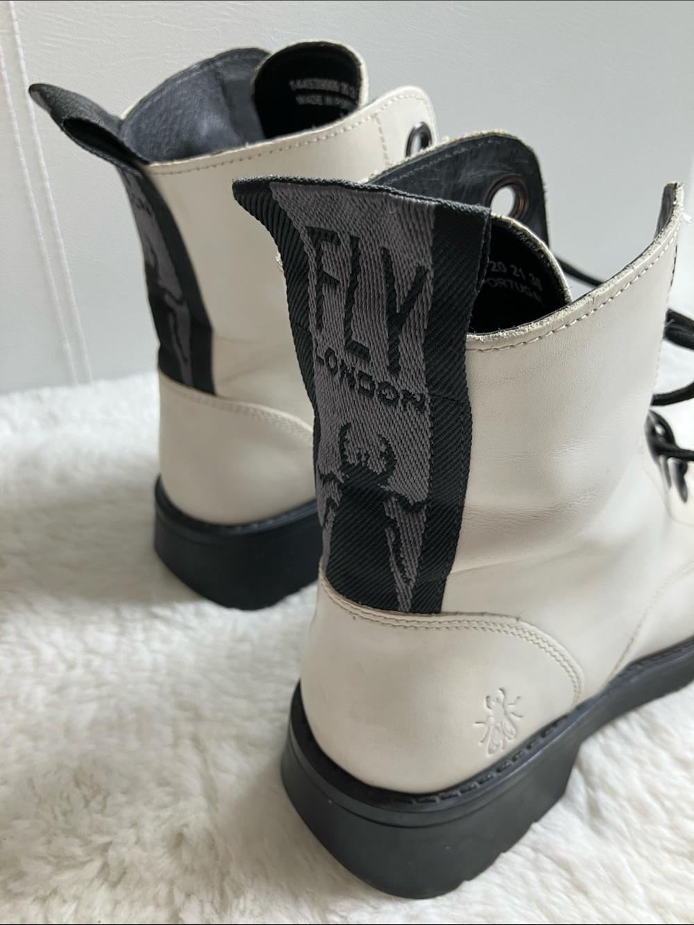 Fly London White Lace-Up Combat Boots with Black Laces
